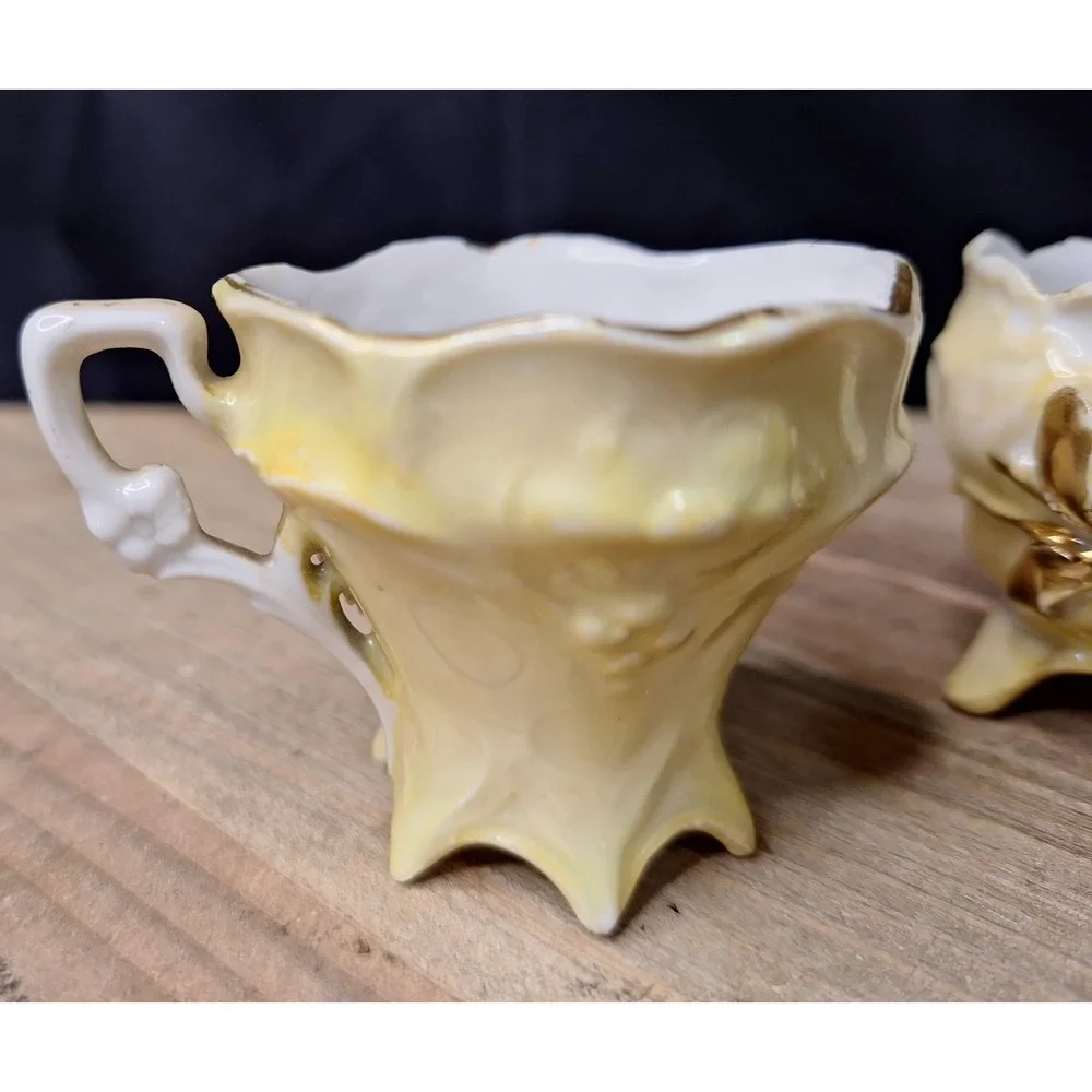 Vintage Footed Lusterware Porcelain Teacups Gold Gilt 3D Floral Applique Set / 2
